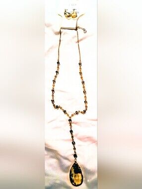 Gold-Tone and Dark Green Beaded Y-Necklace